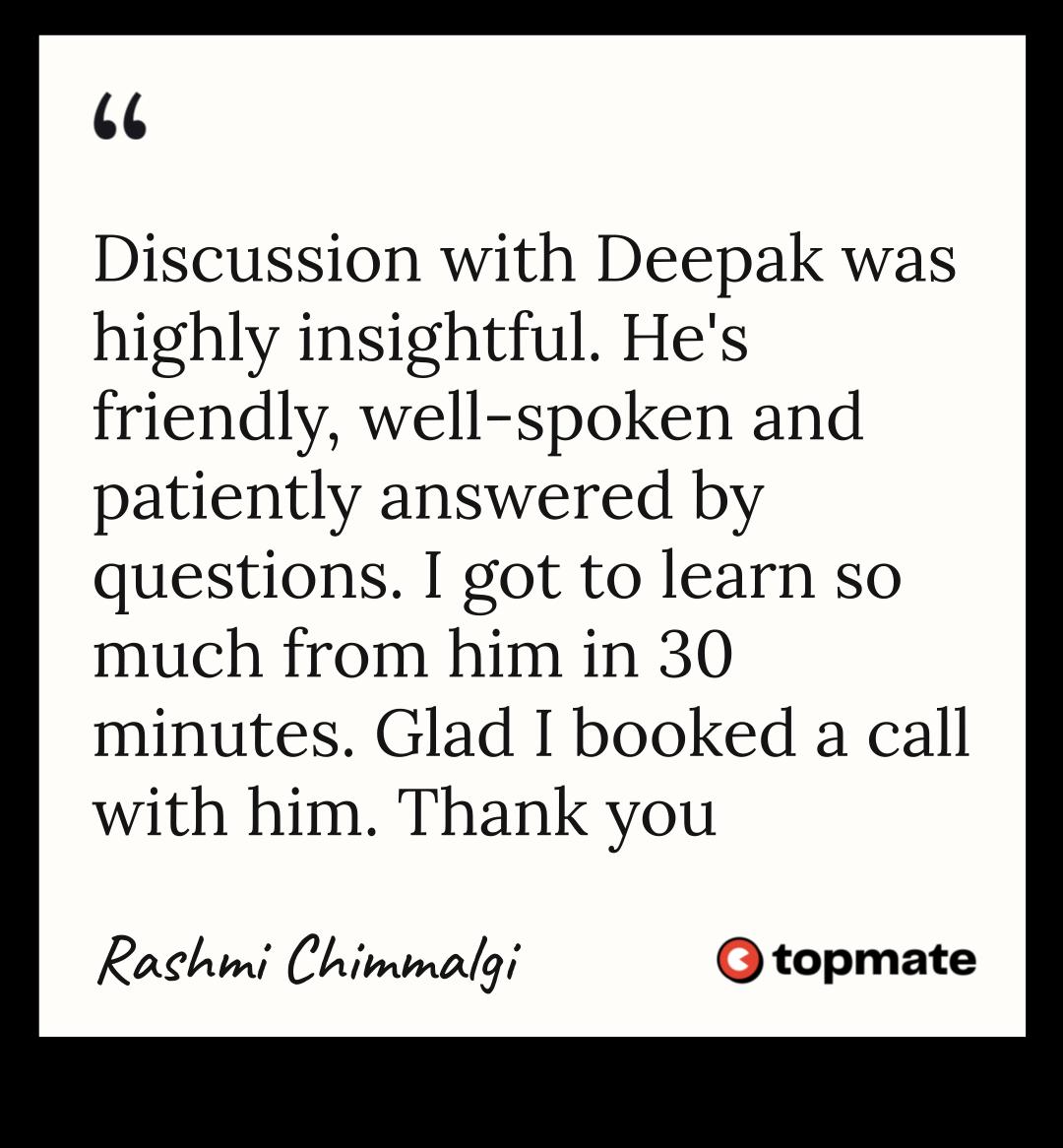 Topmate testimonial from Rashmi Chimmalgi